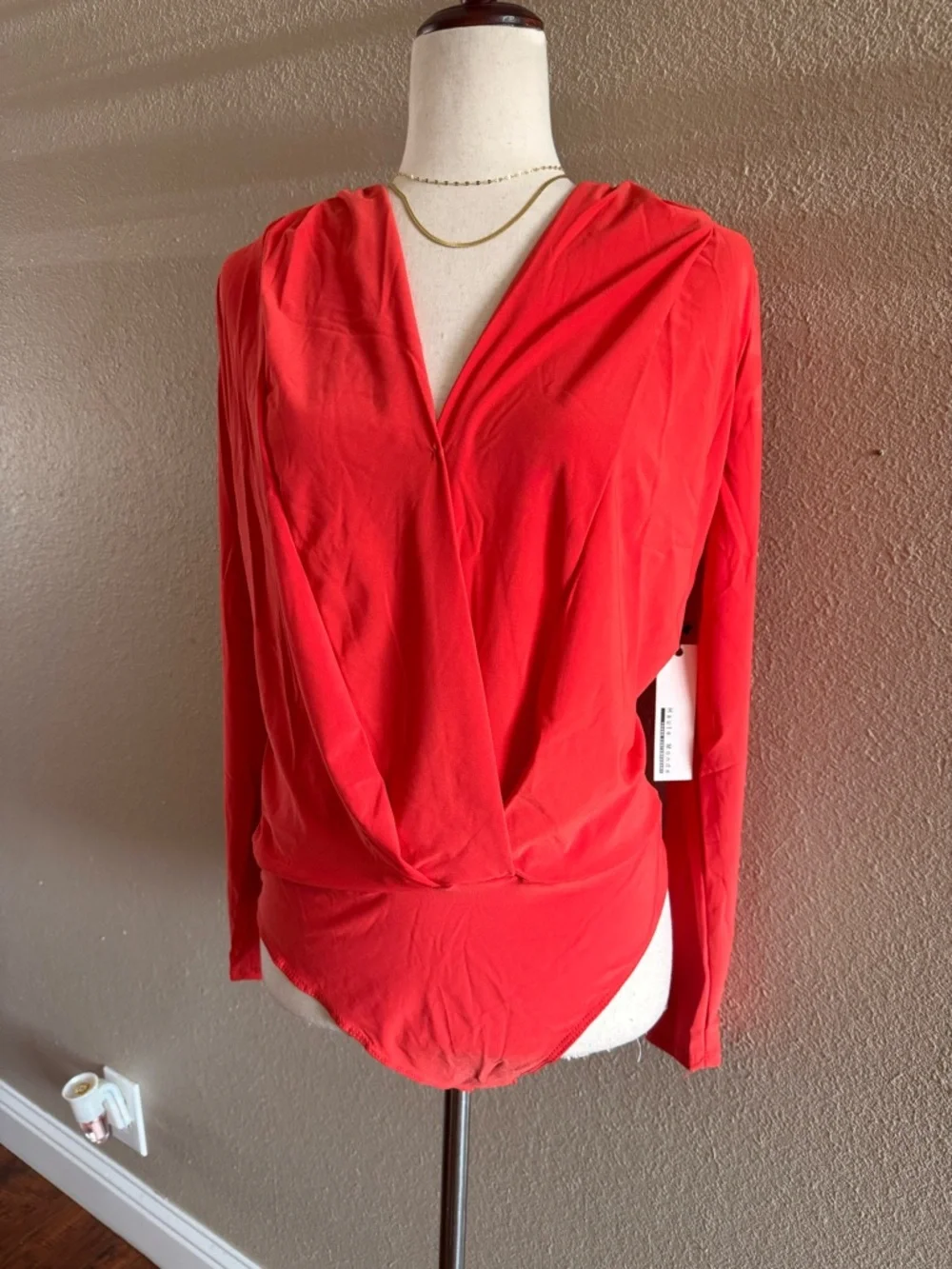 V-Neck Long Sleeve Wrap Bodysuit in Coral Red - Picture 3 of 12